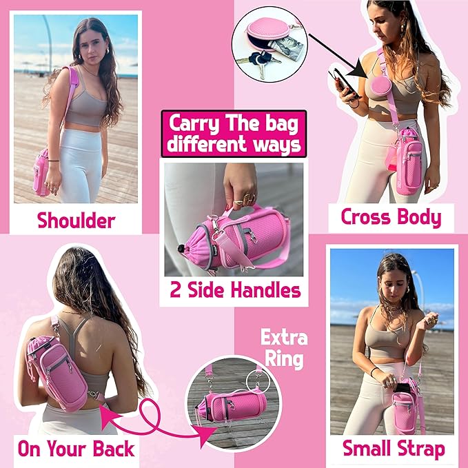 Water Bottle Holder with Strap - Water Bottle Carrier Sling Bag Crossbody with Metal Clips and Rings, Keychain, Extra Small Round Purse, Hook and Loop for Your Bike, Stroller, Backpack