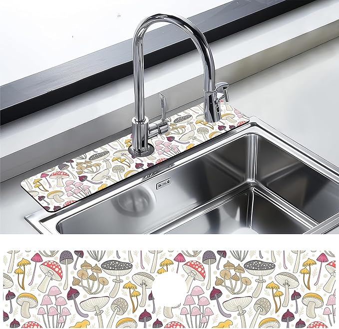 Kitchen Sink Splash Guard Faucet Mat Colorful Mushrooms Sink Splash Guard Behind Faucet,1 PC Soft Diatom Mud Non-Slip Mat-for Kitchen,Sink Mat,Dish Drying Mat,Bathroom Faucet Mat 23.5"X5.5"