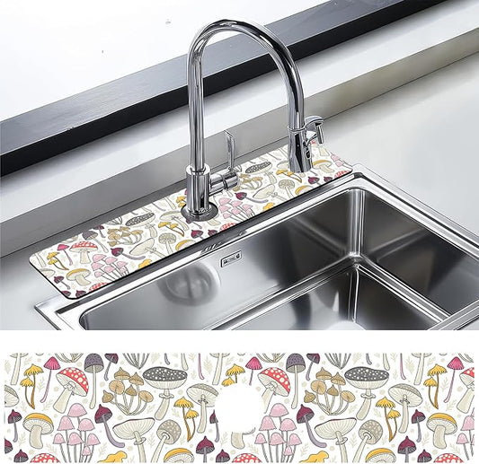 Kitchen Sink Splash Guard Faucet Mat Colorful Mushrooms Sink Splash Guard Behind Faucet,1 PC Soft Diatom Mud Non-Slip Mat-for Kitchen,Sink Mat,Dish Drying Mat,Bathroom Faucet Mat 23.5"X5.5"