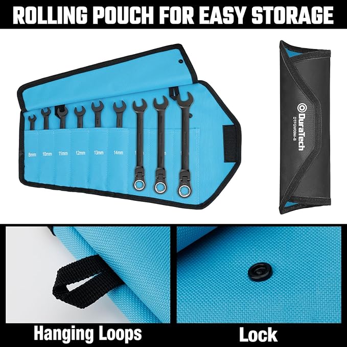 DURATECH 9-Piece Flex-Head Ratcheting Wrench Set, Combination Wrench Set, 72 Tooth, Metric, 8, 10, 11, 12, 13, 14, 15, 16, 17mm, Black Electrophoretic Coating, CR-V Steel, with Rolling Pouch