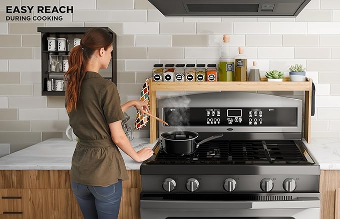 Edgecrest Bamboo Over The Stove or Sink Modern Spice Shelf, No Annoying Middle Screw, 31.5” Wide Storage, 11.4” High Countertop Shelf, 6 Side Hooks, Easy to Assemble, Eco-Friendly Durable Material