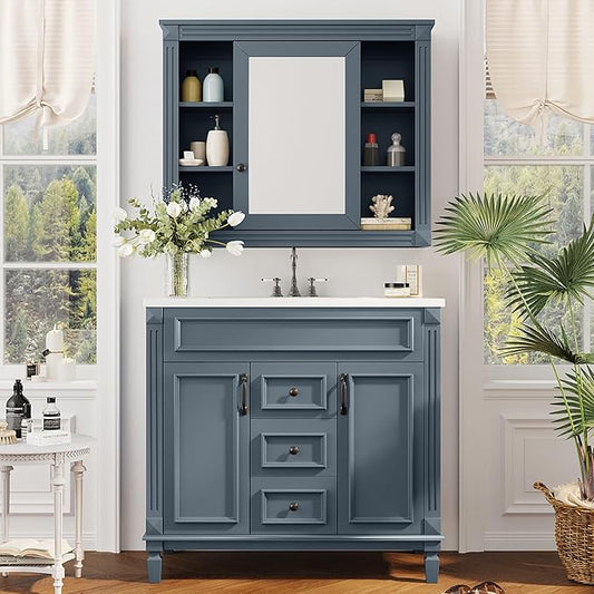 Marzzi 36" Bathroom Vanity with Sink & Matching Medicine Cabinet, 36 inch Bathroom Vanity Storage Cabinet with Sink Top, 2 Drawers, and Mirror Cabinet