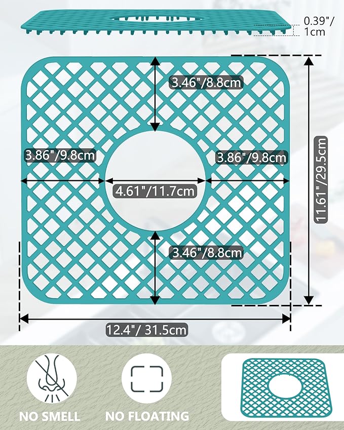 2 Pack Silicone Sink Protector for Kitchen Sink, Lozenge Pattern 12 x 11" Sink Grid Mat Silicone Protectors, Center Drain, Green