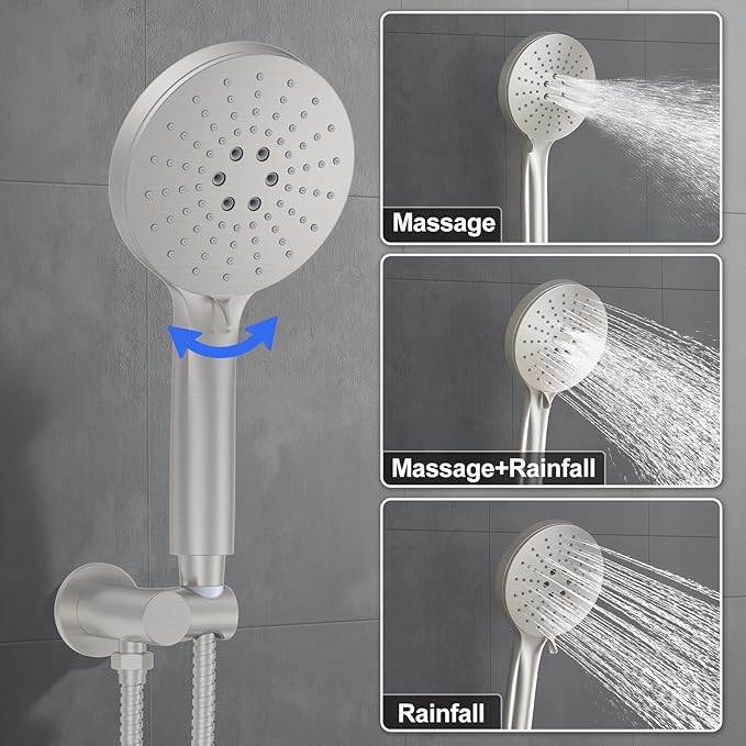 KOJOX Brushed Nickel Thermostatic Shower System, Push Button Diverter Shower Faucet Set with 12" Ceiling Mount Rain Shower, 8" Wall Mount Shower Head, and 3-in-1 Handheld Spray