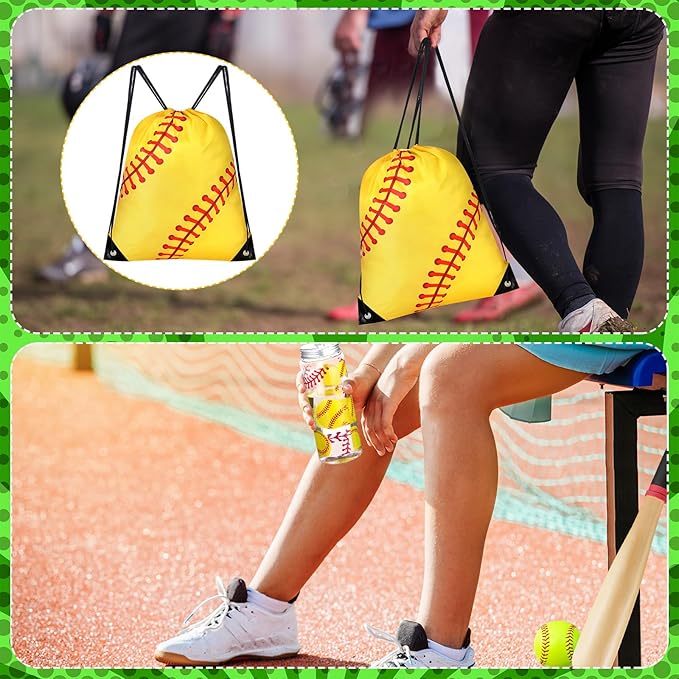 40 Pcs Softball Team Gifts Include Softball Drawstring Bag Softball Cups with Lid and Straw 14.2 oz Reusable Clear Plastic Drinking Cups for Birthday School Sport Decorations Party Supplies