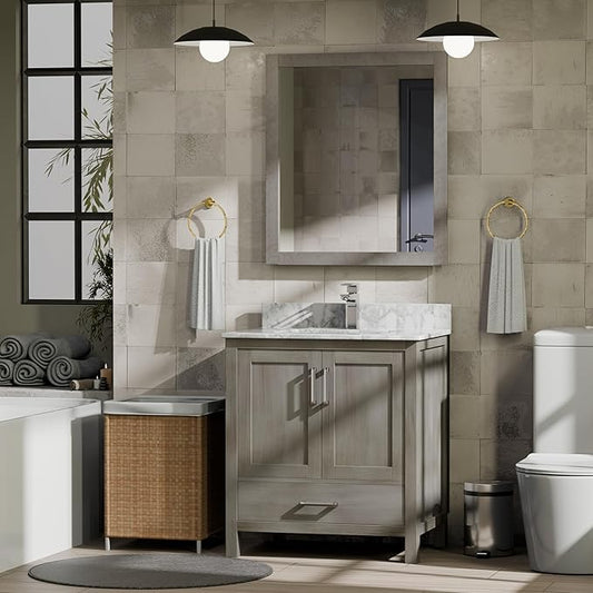 Big Sur 30 in. W x 22 in. D Distressed Grey Bath Vanity and Carrara Marble Top