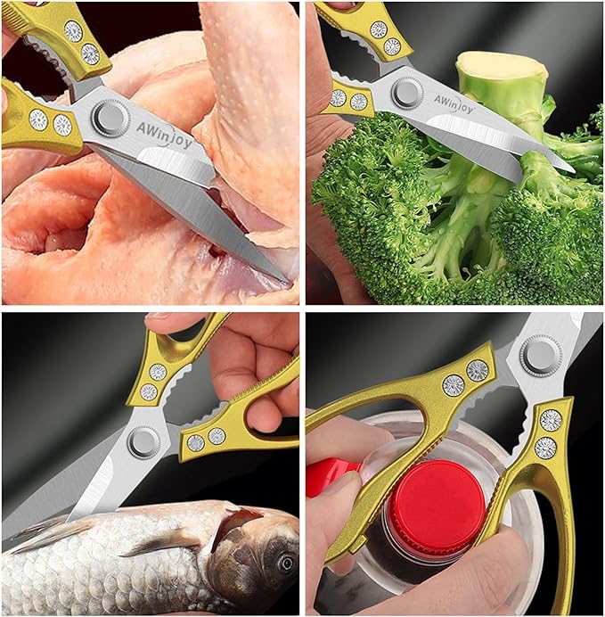 Kitchen Scissors, Heavy Duty Sharp Kitchen Shears, Dishwasher Safe, Multipurpose Cutting Scissors for Kitchen, Meat, Chicken, Fish, Poultry, Herbs, Bread, Kitchen Gadgets, Gift (Gold)