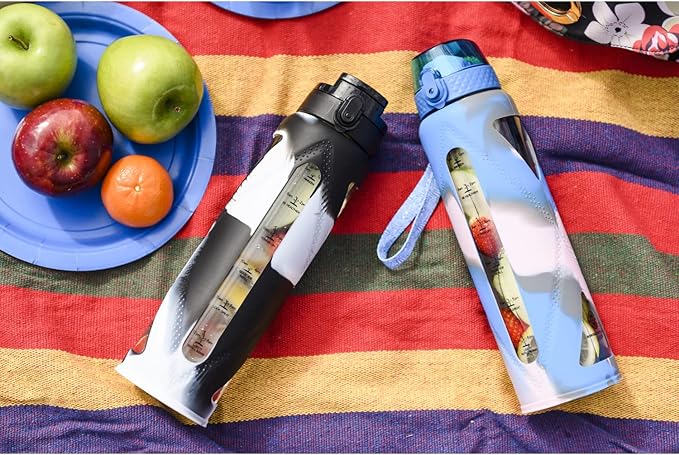 Glass Water Bottles with Straw and Flip Lid, Motivational Water Bottles with Time Marker Reminder and Silicone Sleeve, Leakproof, BPA Free (32 oz, Blue Grey & Pink)