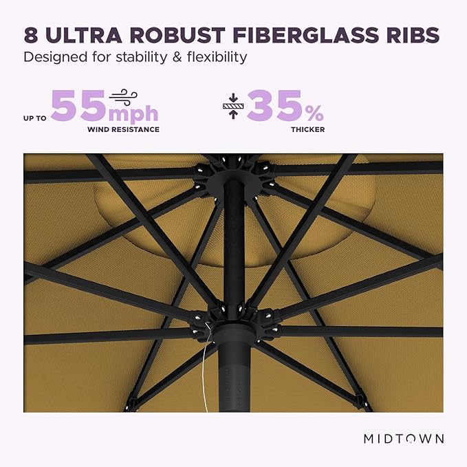 Midtown Umbrellas Push and Pop 10 Feet Outdoor Umbrella, Sand (Tan) Polyester Fabric - Fiberglass Ribs Deck Patio Umbrella, Backyard Umbrella, Garden Umbrella & Pool Umbrella - Black Pole