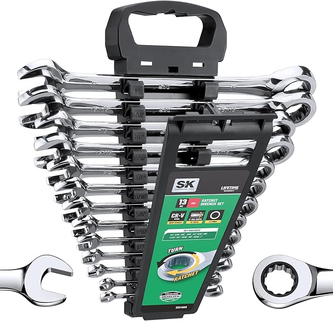 SK Ratcheting Wrench Set, Combination Wrench Set, 13-Piece, SAE 1/4" to 1", 72-Tooth, Premium CR-V Construction, with Rack Organizer