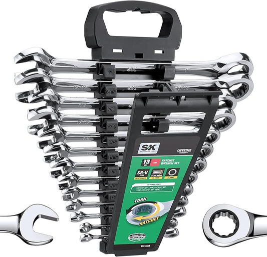 SK Ratcheting Wrench Set, Combination Wrench Set, 13-Piece, SAE 1/4" to 1", 72-Tooth, Premium CR-V Construction, with Rack Organizer