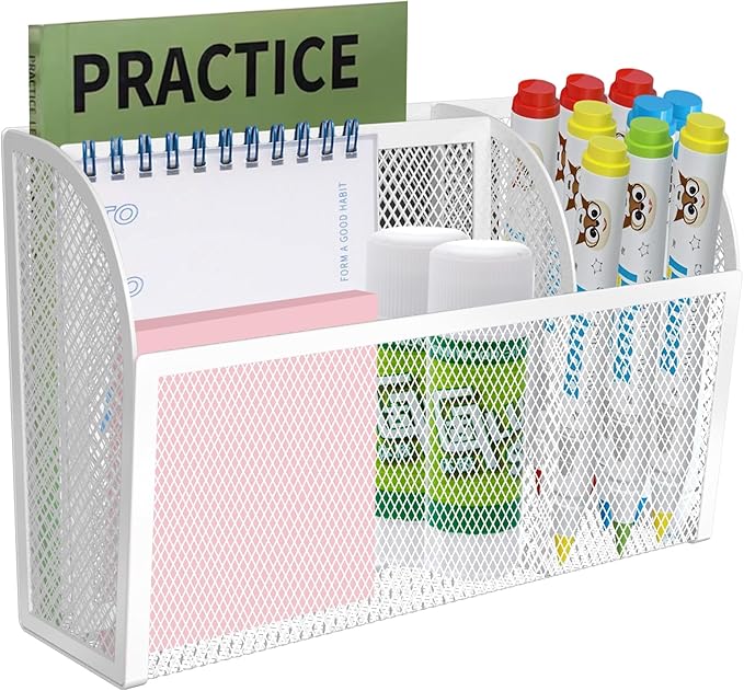Magnetic Pencil Holder Magnetic Shelf for the Whiteboard 3-Grid Mesh Magnetic Pen Holder for Refrigerator Magnetic Organizer Locker Accessories Organizer for Office (White)