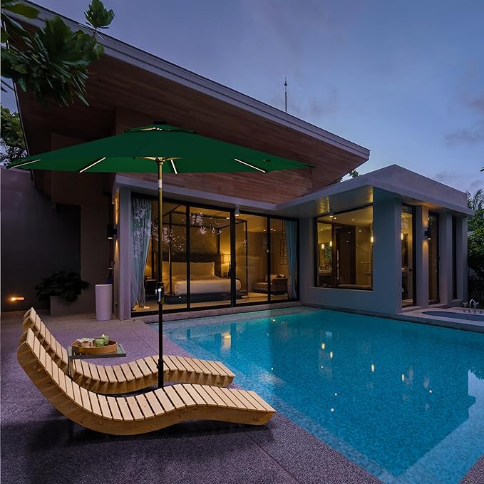 Midtown Umbrellas The LED Swilt 10 Feet Patio Umbrella With Sunbrella Forest Green Acrylic Fabric - Auto-Tilt Aluminum Frame With LED Lights For Backyard, Deck, Garden, Pool - Black Pole