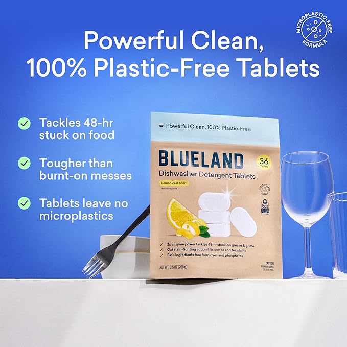 BLUELAND 100% Plastic-Free Dishwasher Detergent Tablets, 36 Count, Lemon Zest Scent, Eco Friendly Dishwashing Pods, Natural, USDA Certified biobased