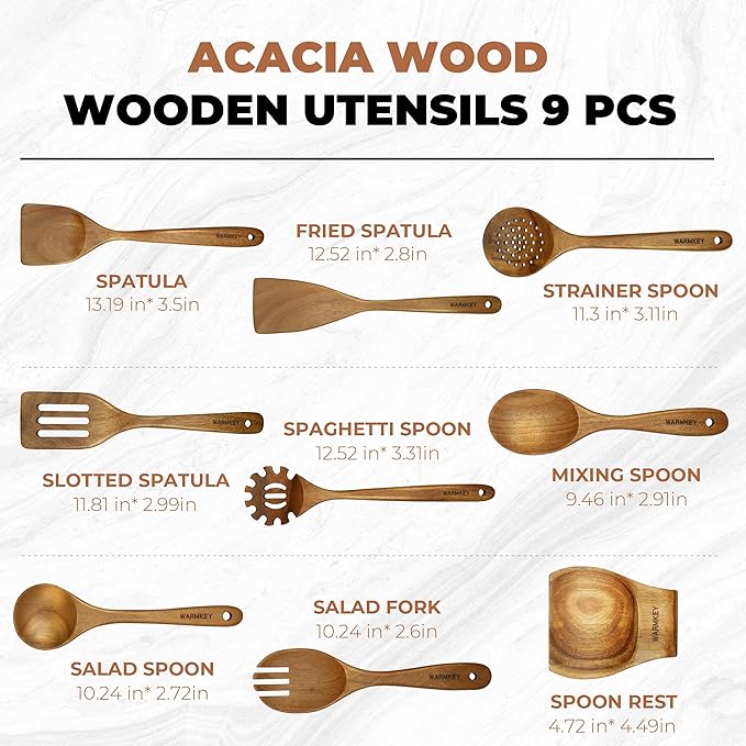 Acacia Wood Kitchen Utensil Set 9PC-Natural Wooden Cooking Tools for Nonstick Pans&Stir Frying,Scratch-Proof&Heat Resistant,Sturdy&Lightweight with Spoon Rest (Kitchen Utensil Set 9PC)