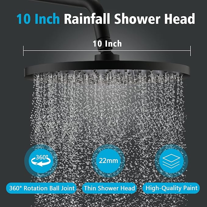 PROOX 3 Handle Tub Shower Faucet Set, 10" Rainfall Shower Head with Tub and Shower Trim Kit with Rough-in Valve, Matte Black Bathtub Shower Faucets, Wall Mounted Bathroom Rain Shower System