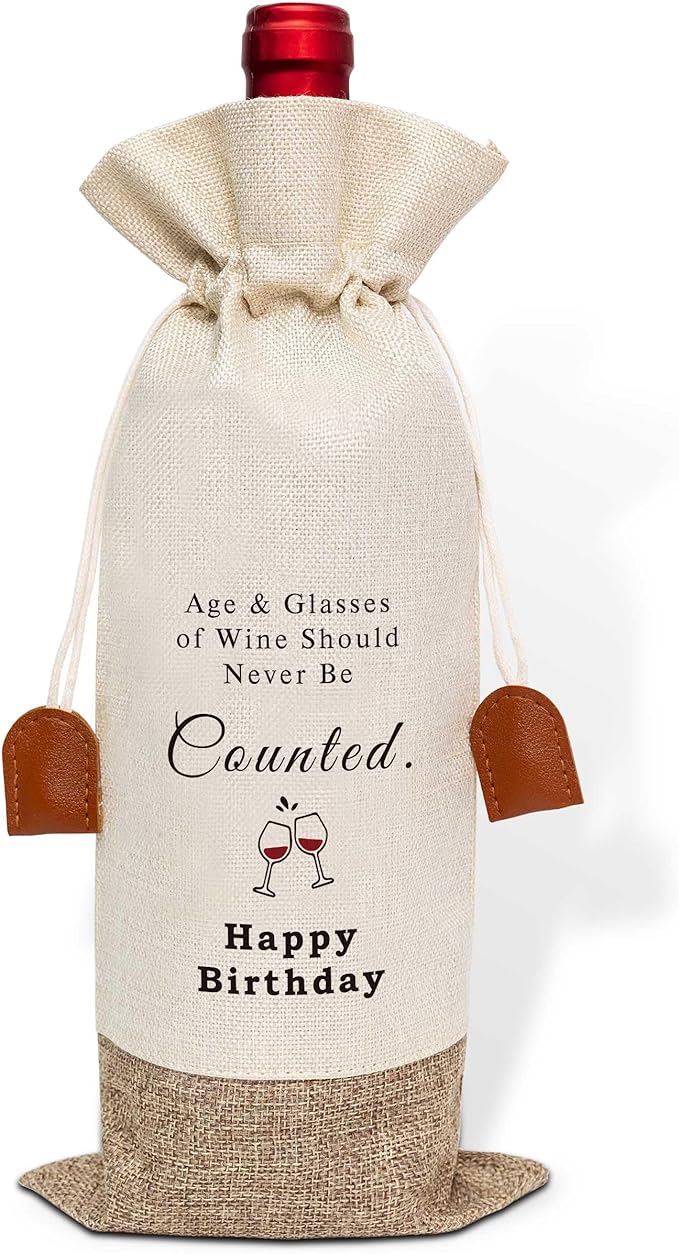Funny Birthday Wine Bag, Cotton Linen Wine Gift Bag With Drawstring, Wine Champagne Bottle Gift Bag, Birthday Gifts Ideas for Men Woman Her Girl Friend Sister, Birthday Party Favors-36