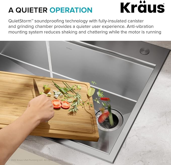 KRAUS WasteGuard 1 HP Ultra-Quiet Garbage Disposal with Quick Connect, Kitchen Sink Drain Cover, Power Cord and Flange Included, KWD100-100MBL