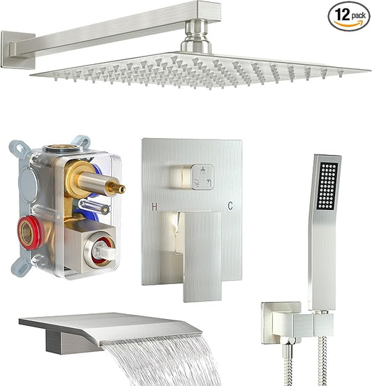 Shower System with Tub Spout, Wall Mounted Shower Faucet Set for Bathroom with 12 Inch Rain Shower Head and Handheld Shower Head Set, Brushed Nickel