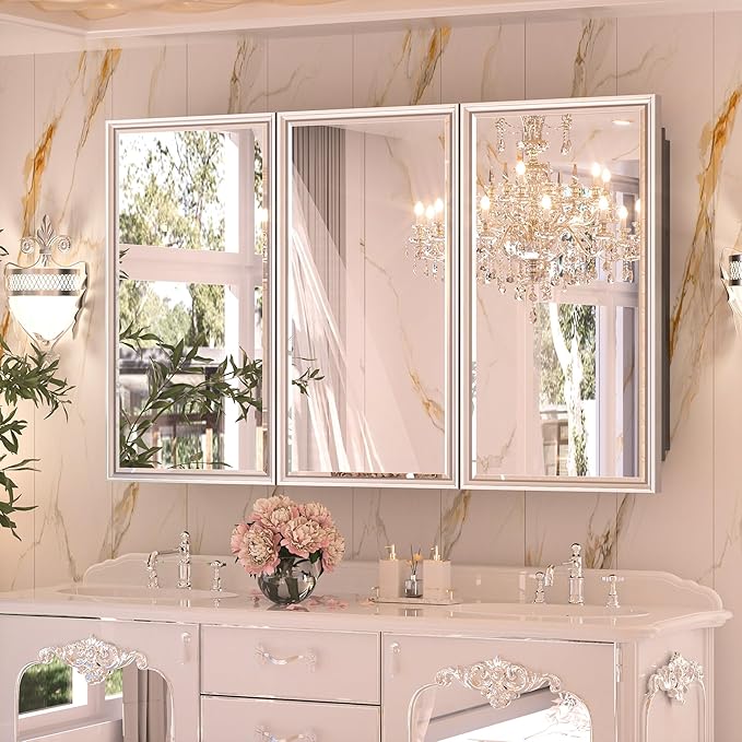 Keonjinn 48” x 30” Medicine Cabinets with Mirror for Bathroom Recessed or Surface Wall-Mounted Aluminum Alloy Framed Beveled Mirror with Soft Close Hinge, 3 Doors Silver Storage Cabinet