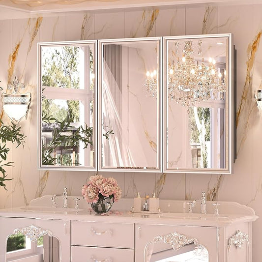 Keonjinn 48” x 30” Medicine Cabinets with Mirror for Bathroom Recessed or Surface Wall-Mounted Aluminum Alloy Framed Beveled Mirror with Soft Close Hinge, 3 Doors Silver Storage Cabinet