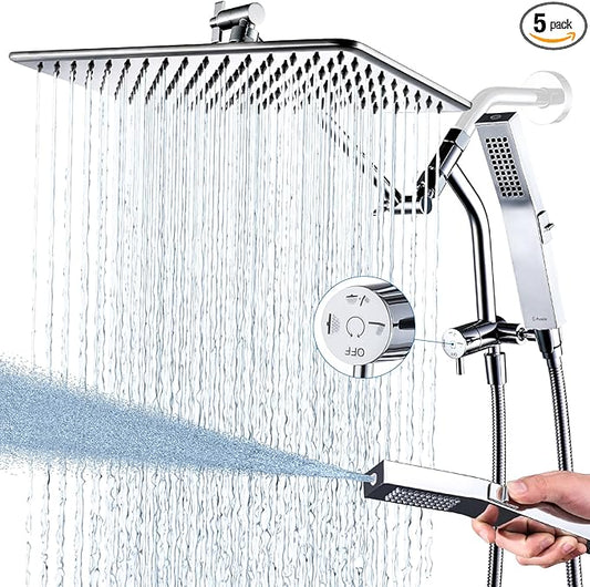 G-Promise All Metal 14 Inches Rain Shower Head with Handheld Built-in Power Wash Mode, 3-way Shower Diverter with Pause Setting, 11 Inches Adjustable Extension Arm, Long Hose (Chrome, 14 Inches)