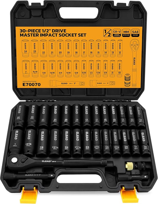 ELEAD 1/2" Drive Deep Impact Socket Set: 30-Piece Standard SAE (3/8 to 1 Inch) and Metric (10-24mm) Size, 3" and 5" Drive Extension Bar, Ratchet Handle, Bit Adapter, CR-V Steel for Auto Repair