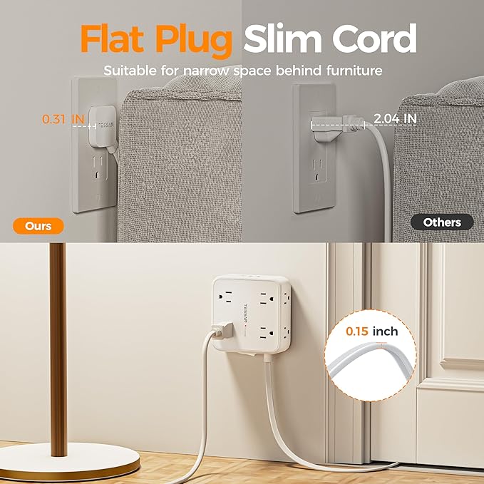 TESSAN 10 Ft Flat Plug Extension Cord with Multiple Outlets, Surge Protector Power Strip with 3 USB(1 USB C) 8 Outlets, 900J Protection, Desk Charging Station for Home, Dorm Room Essentials, White