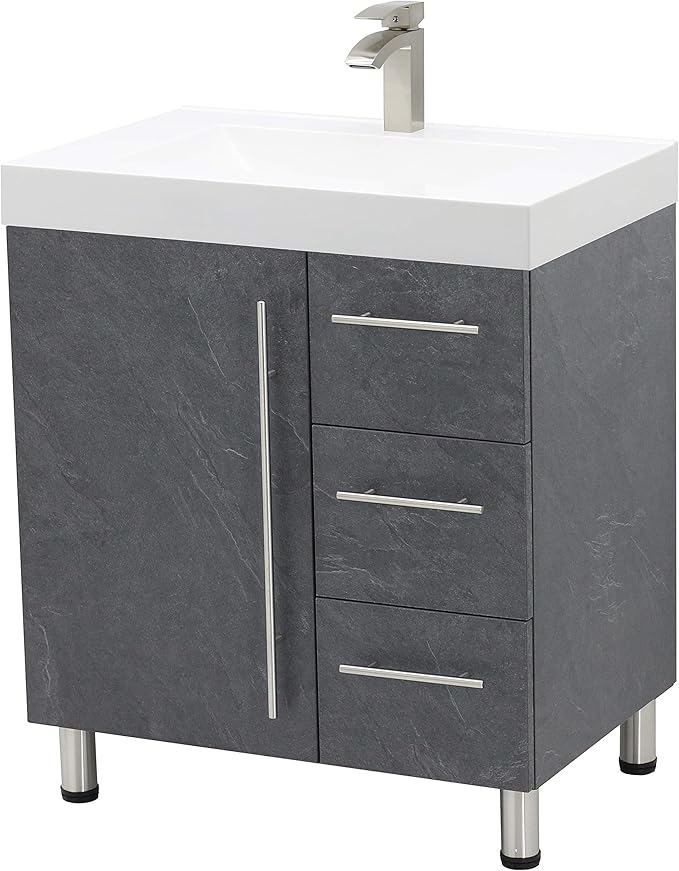 30" Freestanding Bathroom Vanity, Dark Slate Grey. White Integrated Countertop