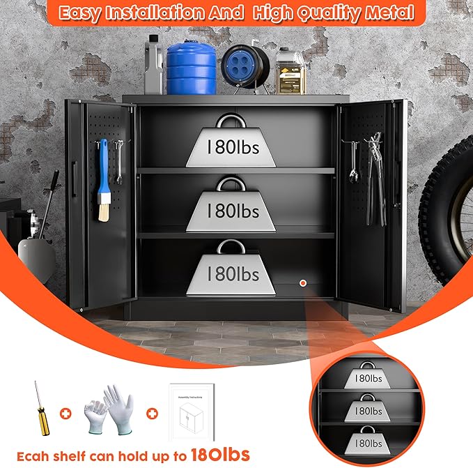 Metal Storage Cabinets with Pegboards and Hooks, 31.5" H Metal Garage Cabinets with Locking Doors and 2 Adjustable Shelves for Home,Office,Garage,School,Assembly Required,Black