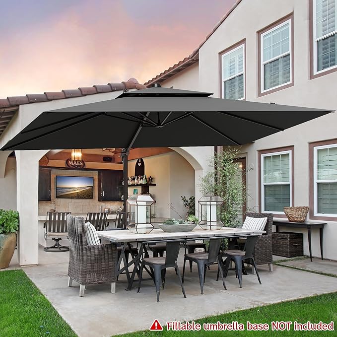9x12FT Grey Cantilever Outdoor Patio Umbrella with Base, Large Rectangular Offset Design, Double Top Heavy Duty Aluminum Frame & 360° Rotation for Pool Garden Deck Backyard