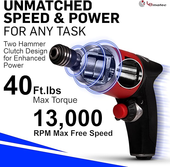 LE LEMATEC Professional Air Impact Driver - 13000 RPM Pneumatic Wrench with Twin Hammer, 40 ft-lbs Torque, 1/4" NPT Compact Tool for Automotive, Furniture & Woodworking (LE-ID413)