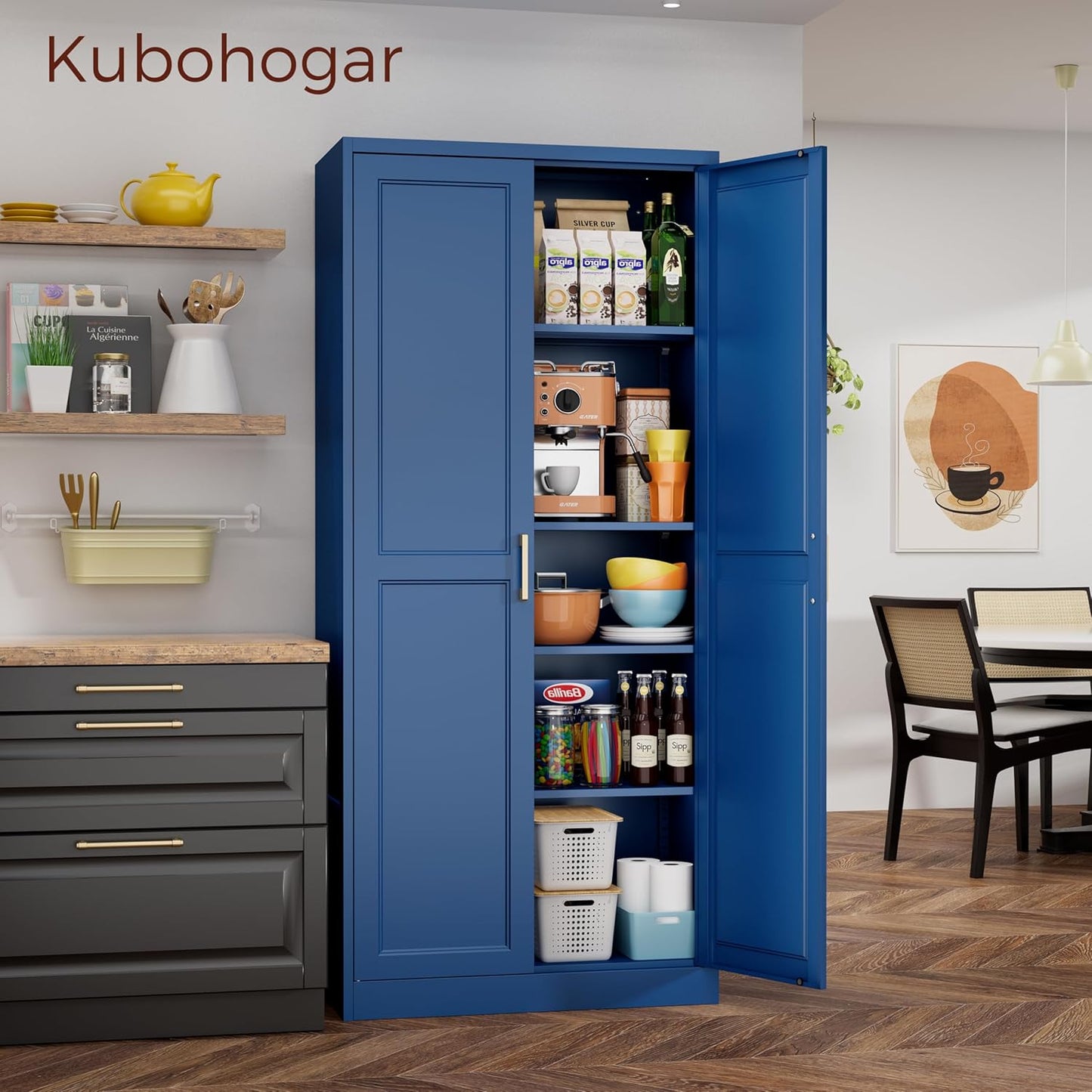 71" Metal Pantry Cabinet, Tall Kitchen Pantry Storage Cabinet with 4 Adjustable Shelves and Gold Handles, Blue Cupboard for Kitchen, Dining Room, Living Room