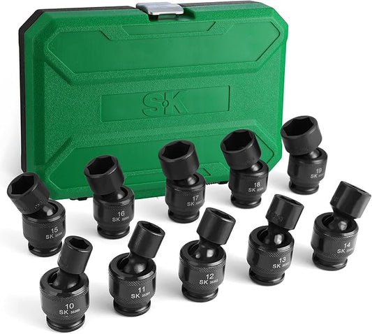 SK 1/2" Drive Universal Swivel Impact Socket Set, Metric Socket Set, 10-Piece, Premium CR-MO Steel, SureGrip 6 Point Design, with Storage Case