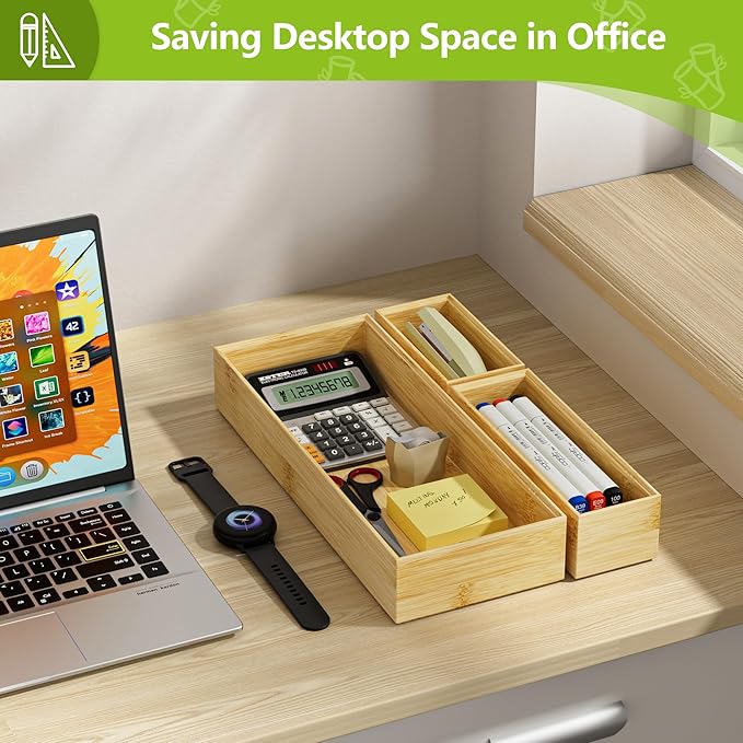 Silverware Bamboo Drawer Organizer Tray, 4 PCS Kitchen Drawer Organizer Storage for Utensil Cutlery, Bathroom, Office Desk, Makeup