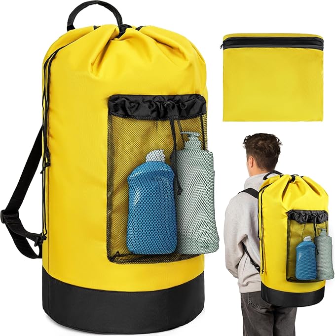 Laundry Bag Backpack with Shoulder Straps and Mesh Pocket Foldable Laundry Hamper for College, Apartment, Laundromat (Yellow)