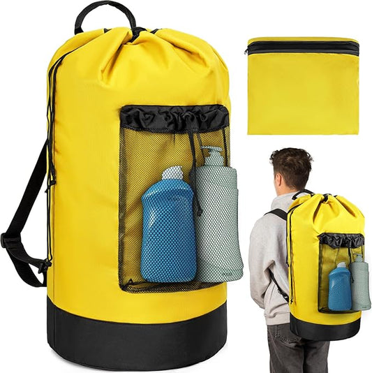 Laundry Bag Backpack with Shoulder Straps and Mesh Pocket Foldable Laundry Hamper for College, Apartment, Laundromat (Yellow)