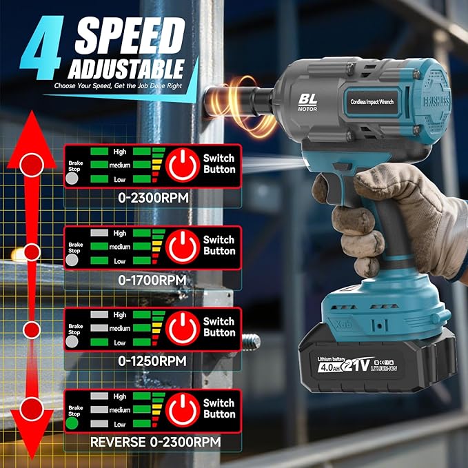 Cordless Impact Wrench, 1/2 Impact Gun with 2 * 4.0A Battery, Brushless Max Torque 885ft-Lbs (1200N.m) Electric Power Impact Driver with Charger & 6 Sockets for Car/DIY Furniture/Lawn Mower