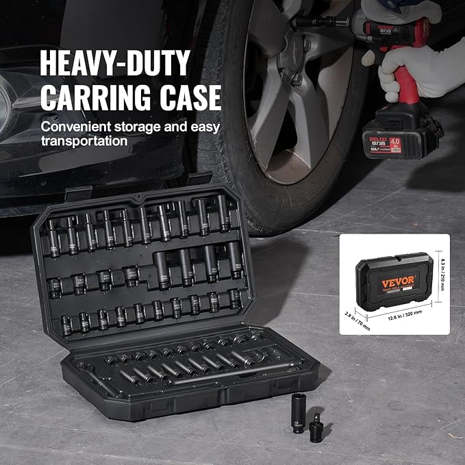 VEVOR Impact Socket Set 1/4" Drive, 55-Piece Deep & Shallow Socket Set Standard SAE (5/32 to 9/16 inch) & Metric (4 to 15 mm) Size, 6 Point, CR-V, Extension Bar, Universal Joint, Reducer