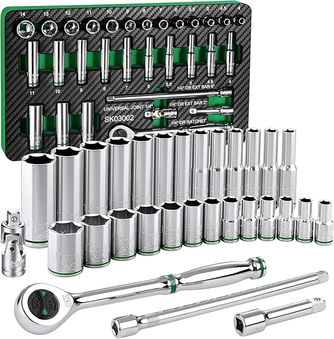 SK 1/4" Drive Socket Set with 160-P Ratchet, 30-Piece, Metric, SuperKrome Finish, Premium CR-V Construction, with EVA Foam Tool Organizer