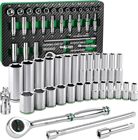 SK 1/4" Drive Socket Set with 160-P Ratchet, 30-Piece, Metric, SuperKrome Finish, Premium CR-V Construction, with EVA Foam Tool Organizer