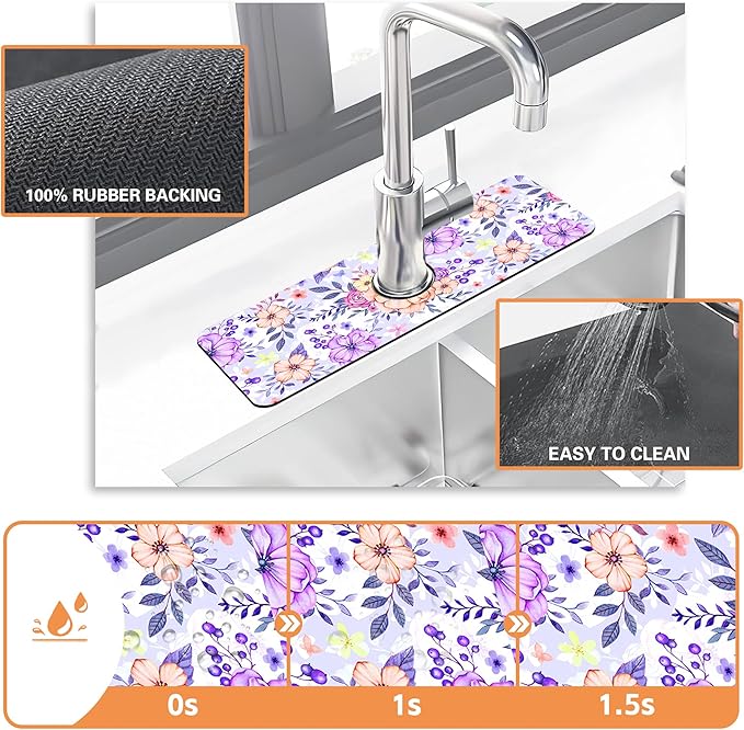 Kitchen Sink Splash Guard Faucet Mat Beautiful Meadow Flowers Sink Splash Guard Behind Faucet,1 PC Soft Diatom Mud Non-Slip Mat-for Kitchen,Dish Drying Mat,Bathroom Faucet Mat 15.5""X5.5""