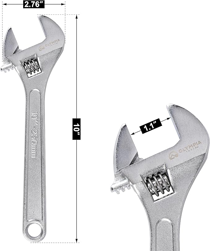Olympia Tools 10" Adjustable Wrench, Heavy Duty Drop Forged Steel, Chrome Plated, Precision Machined Jaws, Rust Resistant