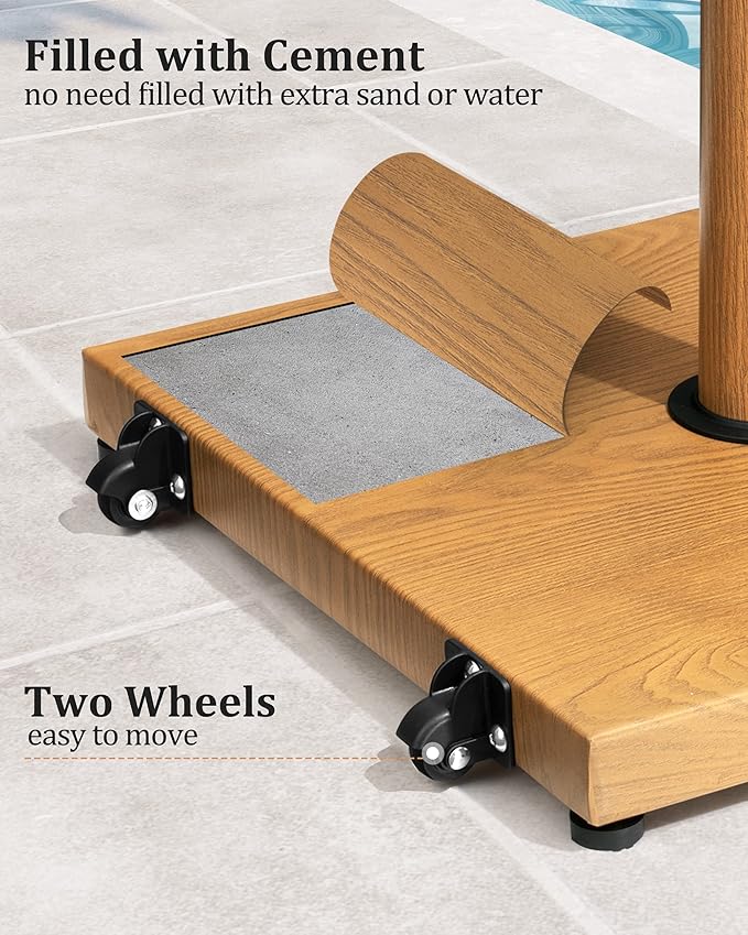 42lbs Patio Umbrella Base with Wheels - Heavy Duty Outdoor Patio Market Umbrella Stand for Deck, Poolside, Balcony, Wind-Resistant Design, Decorative Wood Pattern