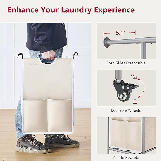 Tajsoon Laundry Hamper with Hanging Rack, 3 Section Laundry Sorter with Heavy Duty Lockable Wheels, Laundry Basket Organizer for Dirty Clothes Storage, 3 Beige