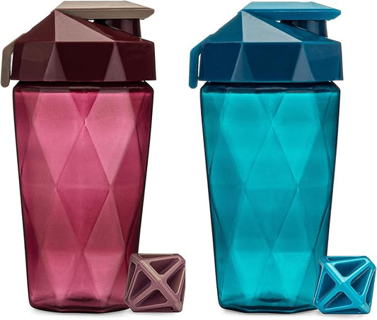 Classic 20oz Blender Shaker Bottle | Protein Shaker Bottle with Diamond Agitator | Shaker Cup with Carrying Handle and Dishwasher Safe | 2 Pack - Teal & Maroon