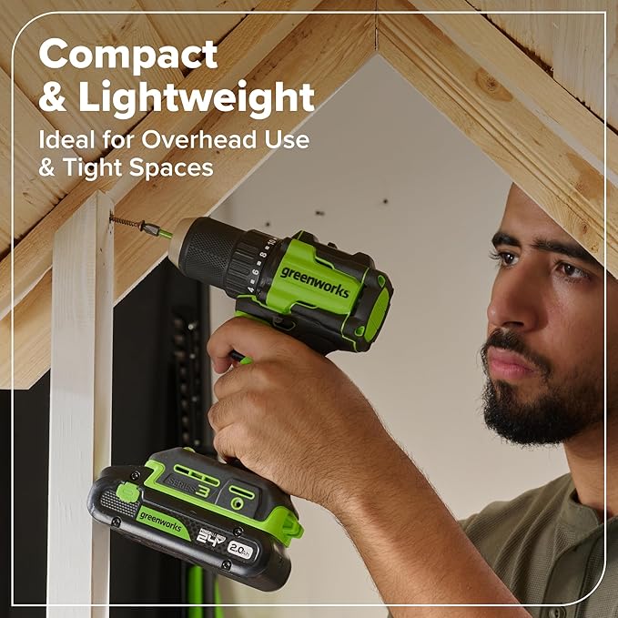 Greenworks 24V Cordless Brushless 400 in-lbs Drill/Driver, Lightweight, LED Work Light,18+1 Clutch, 2.0Ah USB-C Battery (12,000mAh Power Bank),30W USB-C Charger and USB C to USB C Cable(3.3FT)