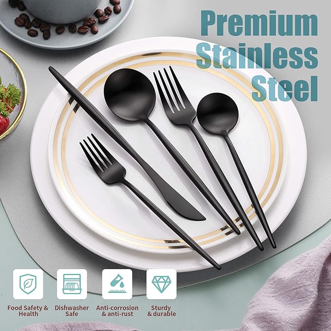 Matte Black Silverware Set for 6,Modern Stainless Steel Brushed Cutlery Set,30-Pieces Heavy Duty Flatware Set,Knives Spoons and Forks Set Utensils Set, Satin Finish, Dishwasher Safe