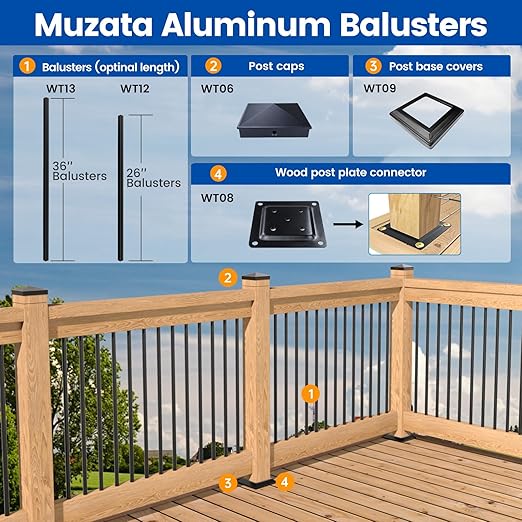 Muzata 25Pack 26" x3/4" Aluminum Deck Balusters Square Baluster Deck Railing Black Hollow Spindles with Screws for Railing Fencing Porch WT12