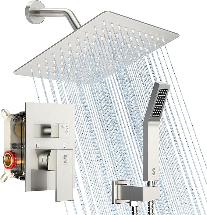 SR SUN RISE Shower Faucet Set - Shower Valve with 8 Inch Rainfall Shower Head and Handheld Shower - Wall Mounted Shower System with Rough In Valve and Shower Faucet Trim Repair Kits - Brushed Nickel